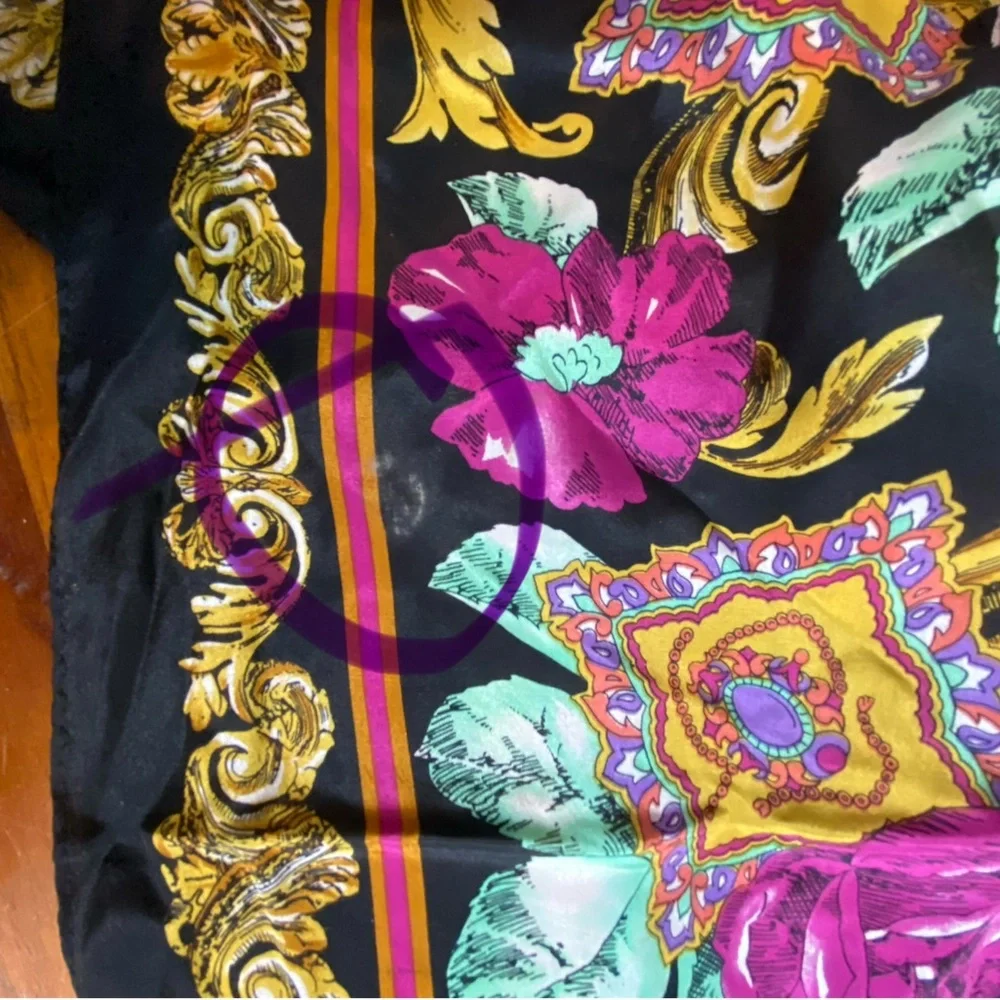 Jacqueline Ferrar Multi Color Bright Black Purple Floral square 100% Silk Scarf